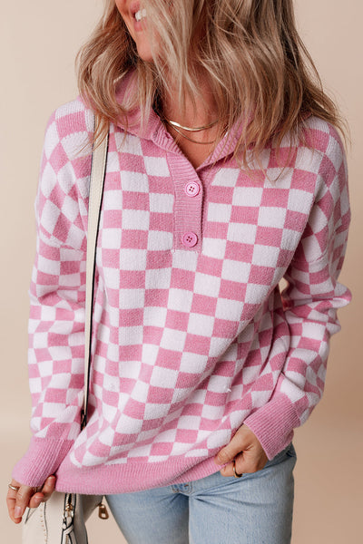 Cozy Women's Pink Checkered V-Neck Sweater with Drop Shoulders & Button Details Stylish Casual Knit Top