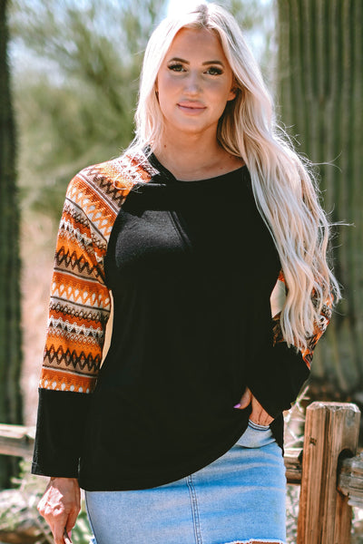 Women's Orange Geo Print Long Sleeve Raglan Tee with Patchwork Design Casual and Comfortable Fit