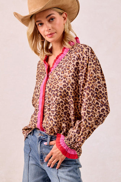 chic women's khaki leopard print v-neck blouse with frilled striped trim - trendy long sleeve top for every occasion made for easy styling and with