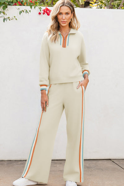 Women's Apricot Striped Quarter Zip Pullover and Relaxed Fit Pants Set - Chic and Cozy Loungewear Ensemble