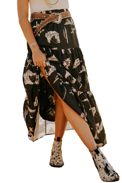 Women's Black Western Print Tiered Ruffled High Waist Maxi Skirt