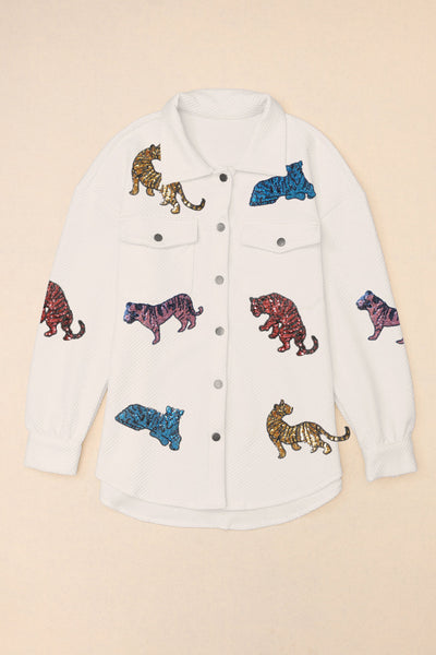 Women's Beige Sequined Tigers Textured Shacket