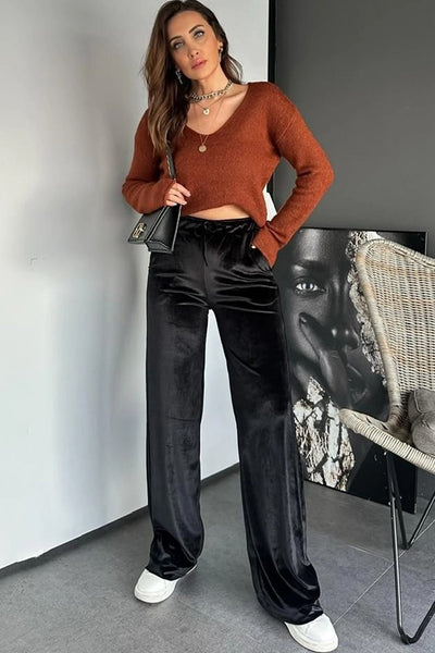 Chic Women's Black Velvet High Waist Straight Leg Pants with Adjustable Drawstring for a Flattering Fit