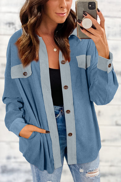 Dusk Blue Velvet Shacket for Women - Stylish Casual Outerwear with Flap Pockets & Drop Shoulder Design