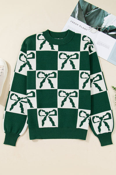 Women's Checkered Bow Knit Sweater in Hunter Green made for easy styling and wardrobe coordination, with premium-like structure and finish.