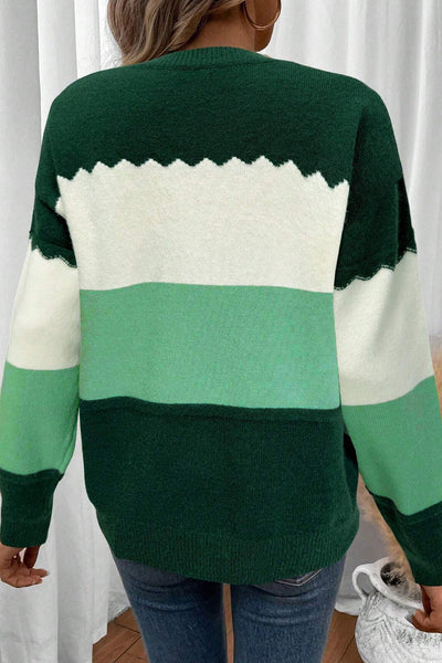 Women's Cozy Green Colorblock Drop Shoulder Sweater - Chic Crew Neck Knit Pullover for Casual Everyday Wear