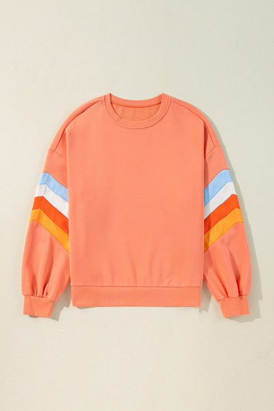Colorful Women's Loose Fit Crew Neck Sweatshirt with Rainbow Striped Sleeves and Flamingo Design - Casual Style