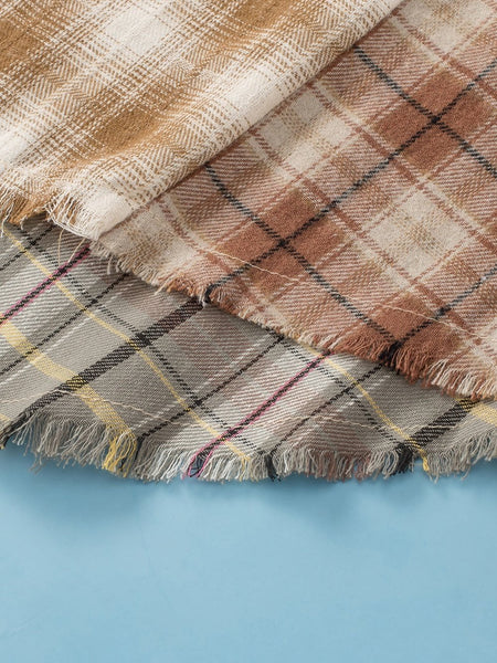 Rustic Brown Patchwork Plaid Shacket with Raw Edge Finishing