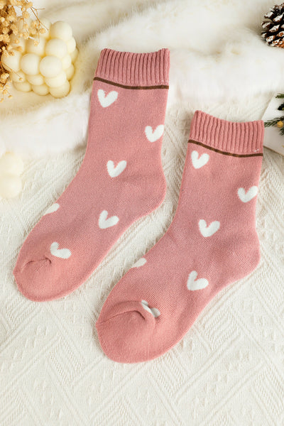 Women's Pink Heart Print Polyester Crew Socks with Ribbed Cuffs