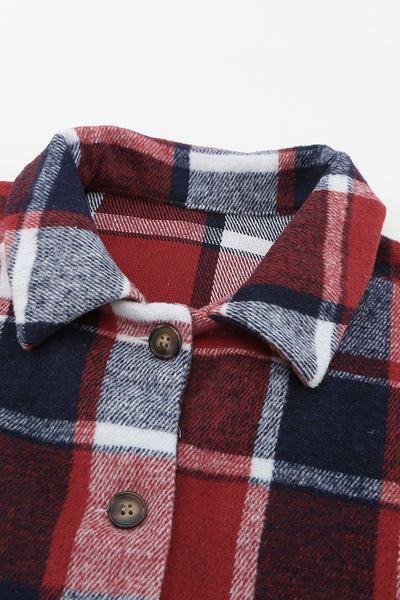Women's Crimson Red Plaid Shacket: 100% Polyester Oversized Layer