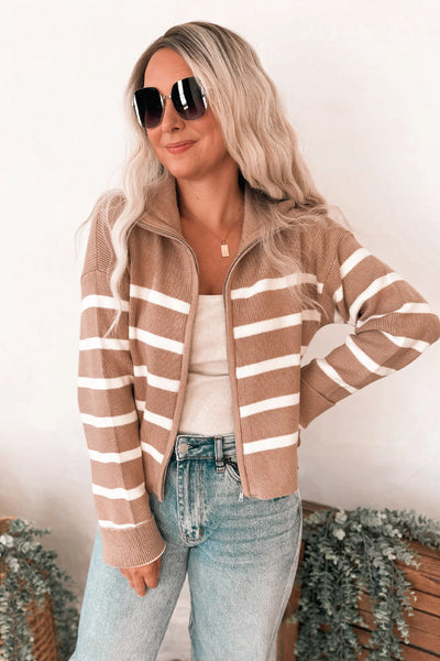 Women's Cozy Khaki Stripe Ribbed Knit Zip-Up Cardigan Sweater with Drop Shoulders for Effortless Style and Comfort