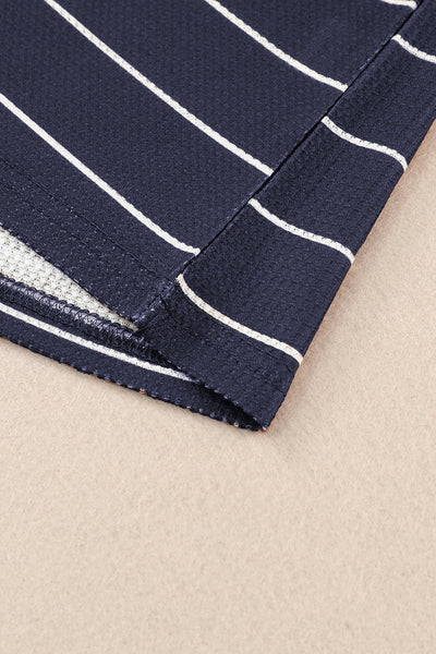 Women's Casual Chic Navy Blue Striped Color Block Waffle Knit Button-Up Top for Effortless Everyday Style