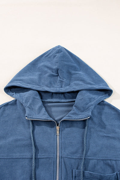 Women's Casual Real Teal Corduroy Hooded Zip-Up Jacket with Drawstring and Pockets for Everyday Comfort