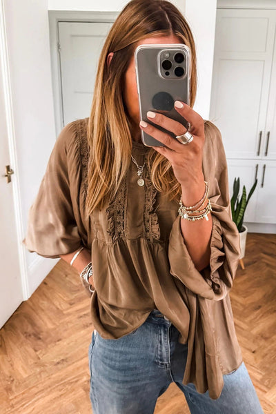 Elegant Women's Dark Khaki Silky Lace Frill Blouse - Long Sleeve Round Neck Top for Chic and Stylish Looks