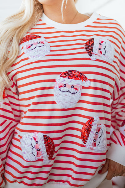 Women's Sequin Santa Striped Holiday Sweatshirt in Festive Orange