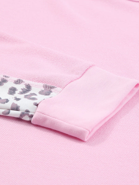 Pink Leopard Patchwork Plus Size Sweatshirt with Exposed Seams