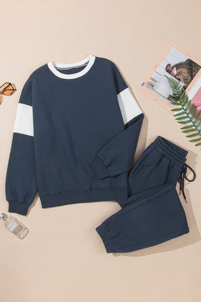 Navy Blue Women's Cozy Drop Shoulder Sweatshirt & Joggers Set for Effortless Style and Everyday Comfort