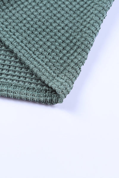 Women's Cozy Green Waffle Knit Long Sleeve Top with Drop Shoulders Casual Chic Style for Effortless Everyday Wear