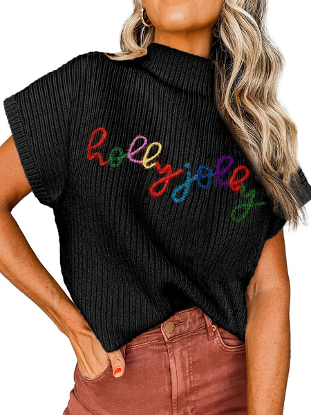 Women's Festive Holly Jolly Black High Neck Short Sleeve Christmas Sweater