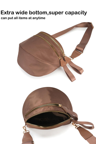 Women's Camel Double Zip Crescent Sling Crossbody Bag