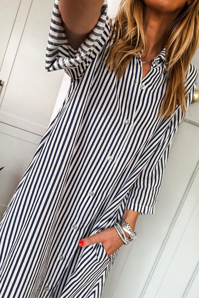 Women's Relaxed Fit Black Striped Maxi Dress with Side Pockets and Button-Up Closure for Effortless Chic Style
