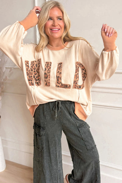 Trendy Women's Oversized Apricot Leopard Print Sweatshirt with Stylish Letter Stitching and Raw Seam Design