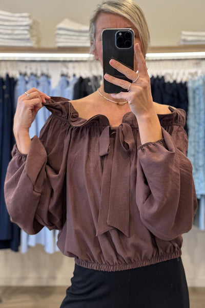 Stylish Women's Off-Shoulder Long Sleeve Blouse in Wild Ginger with Knot Front & Frill for Effortless Casual Elegance
