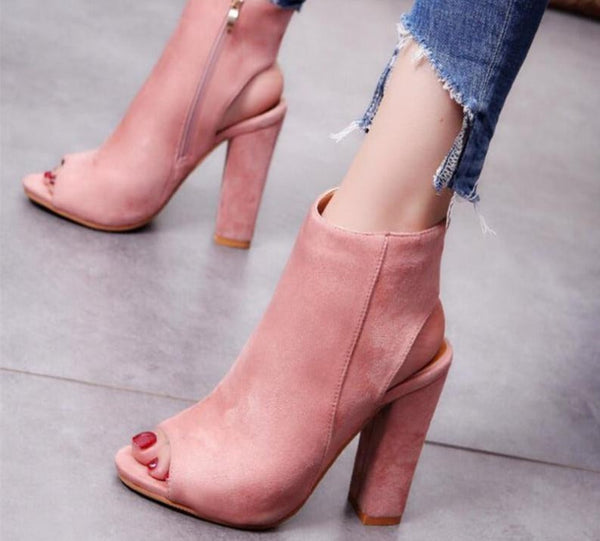 Suede Peep Toe Block Heels