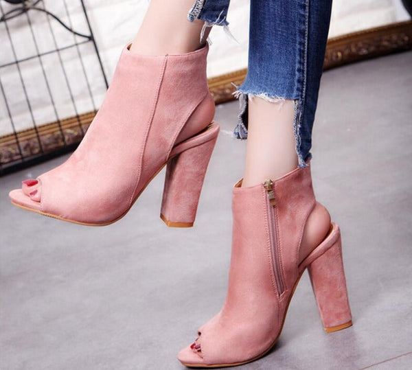 Suede Peep Toe Block Heels