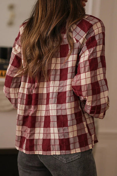 Women's Chic Wild Ginger Plaid Puff Sleeve Shirt with Shirred Detail - Stylish Round Neck Top for Effortless Style