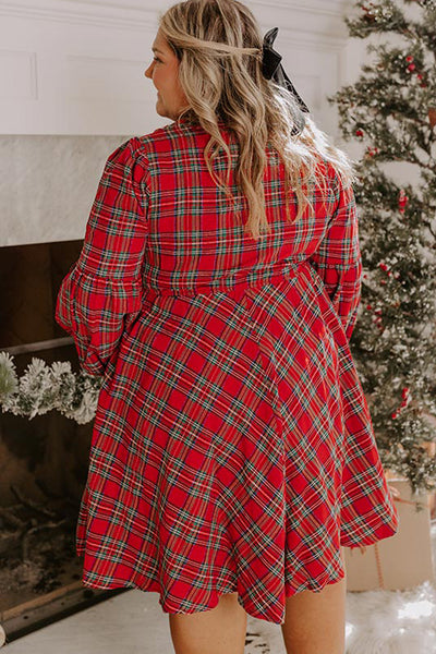 Plus Size Women's Elegant Red Plaid Long Sleeve Holiday Dress with Half Button Detail for Festive Seasonal Style