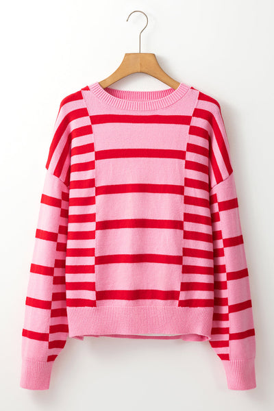 Chic Women's Pink Striped Bubble Sleeve Sweater with Drop Shoulders & Ribbed Trim for Cozy Style