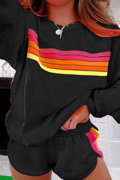Women's Black Striped Pullover & Shorts Set - Chic Casual Two-Piece Outfit for Stylish Comfort and Everyday Wear