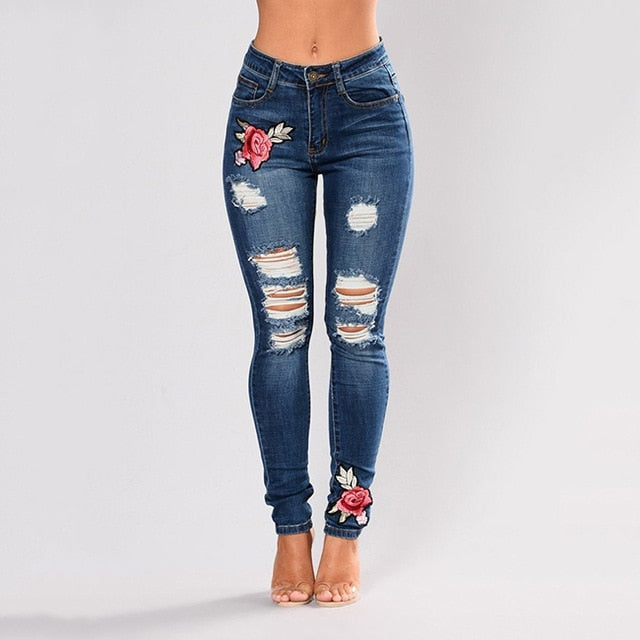 Floral Print Stretch Denim Pants