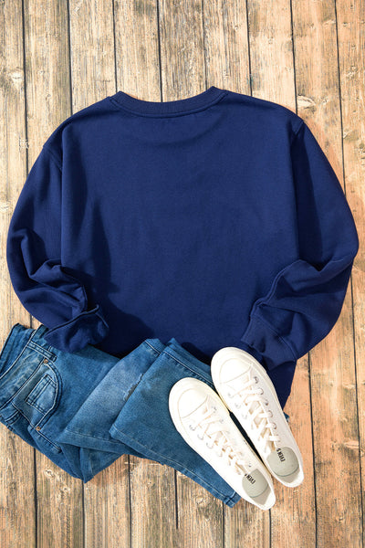 Cozy Women's Navy Blue Fleece-Lined Drop Shoulder Sweatshirt - Casual Comfort for Everyday Wear