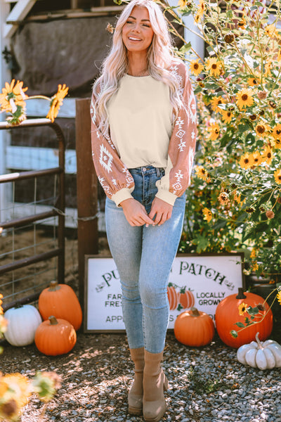 Trendy Women's Apricot Western Print Long Sleeve Top with Unique Patch Design for Casual Everyday Style