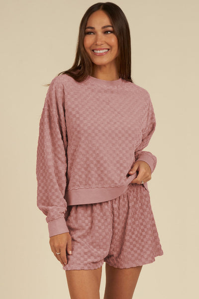 Women's Stylish Blossom Checkered Long Sleeve Top and Shorts Set - Comfortable Spring Outfit for Effortless Chic