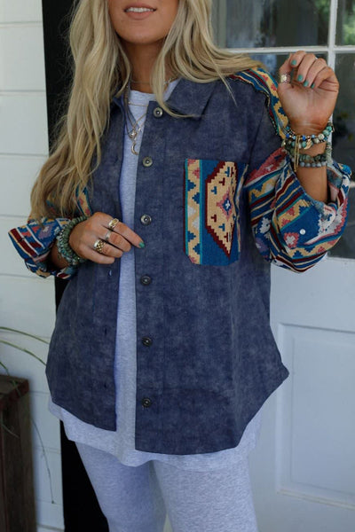 Stylish Women's Dirty Blue Aztec Print Corduroy Shacket - Cozy Button-Down Overshirt for Effortless Layering