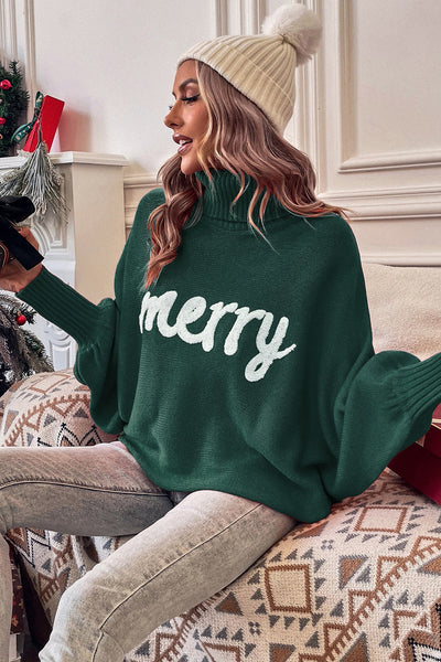 Women's Cozy Blackish Green Merry Letter High Neck Sweater - Stylish Fit for Casual Outings and Everyday Wear made for easy styling and wardrobe