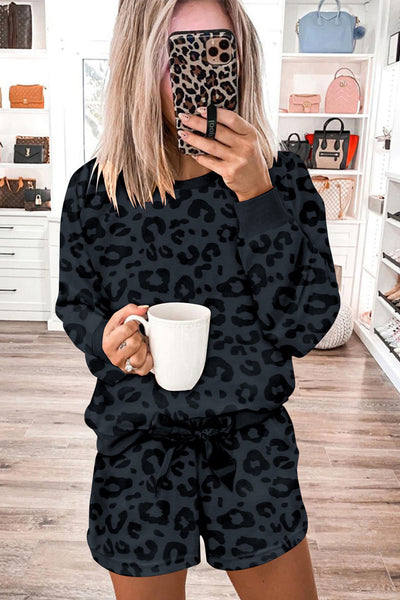 Leopard Print Satin Bow Lounge Set with Long Sleeve Top and Tie Shorts