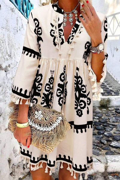 Beige Tasseled Notch V-Neck Mini Dress for Women - Chic Western-Inspired Summer Style with Trendy Print