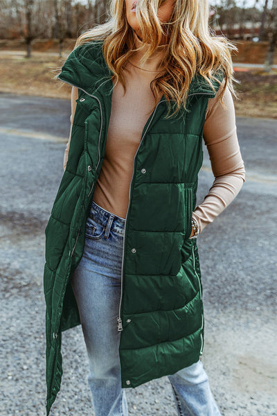 Stylish Women's Green Hooded Long Quilted Vest Coat - Cozy Outerwear for Chic Fall and Winter Looks