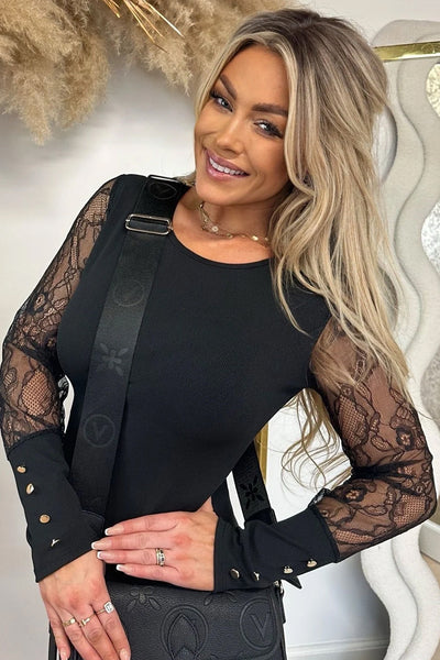 Elegant Women's Black Ribbed Knit Long Sleeve Top with Sheer Lace Accents and Round Neck for Chic Style