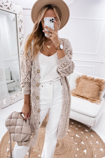 Stylish Women's Khaki Openwork Knit Cardigan for Effortless Layering and Cozy Comfort in Any Season