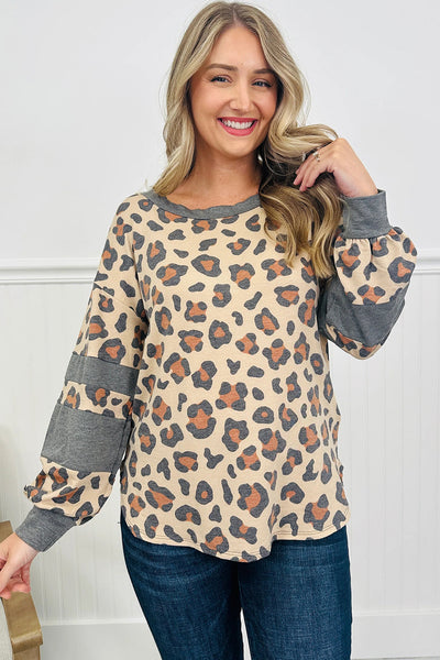 Trendy Women's Beige Leopard Print Color Block Long Sleeve Top with Drop Shoulders - Casual Chic Fashion Must-Have