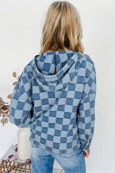 Women's Checkerboard Denim Pullover Hoodie with Quarter-Zip