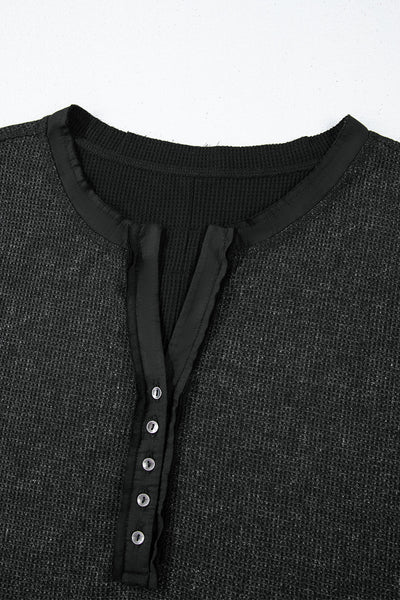 Chic Women's Black Acid Wash Waffle Knit Long Sleeve Top with Buttoned Neckline for Effortless Casual Style