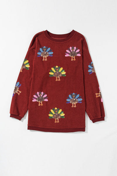 Women's Racing Red Corduroy Turkey Graphic Oversized Sweatshirt made for easy styling and wardrobe coordination, with premium-like structure and