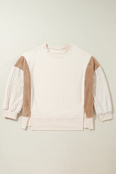 Cozy Women's Apricot Corduroy Patchwork Sweatshirt - Long Sleeve, Drop Shoulder, Perfect for Casual Everyday Style