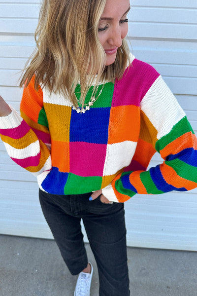 Cozy Women's Orange Checkered Color Block Sweater - Loose Fit Round Neck Knit Top for Effortless Casual Chic